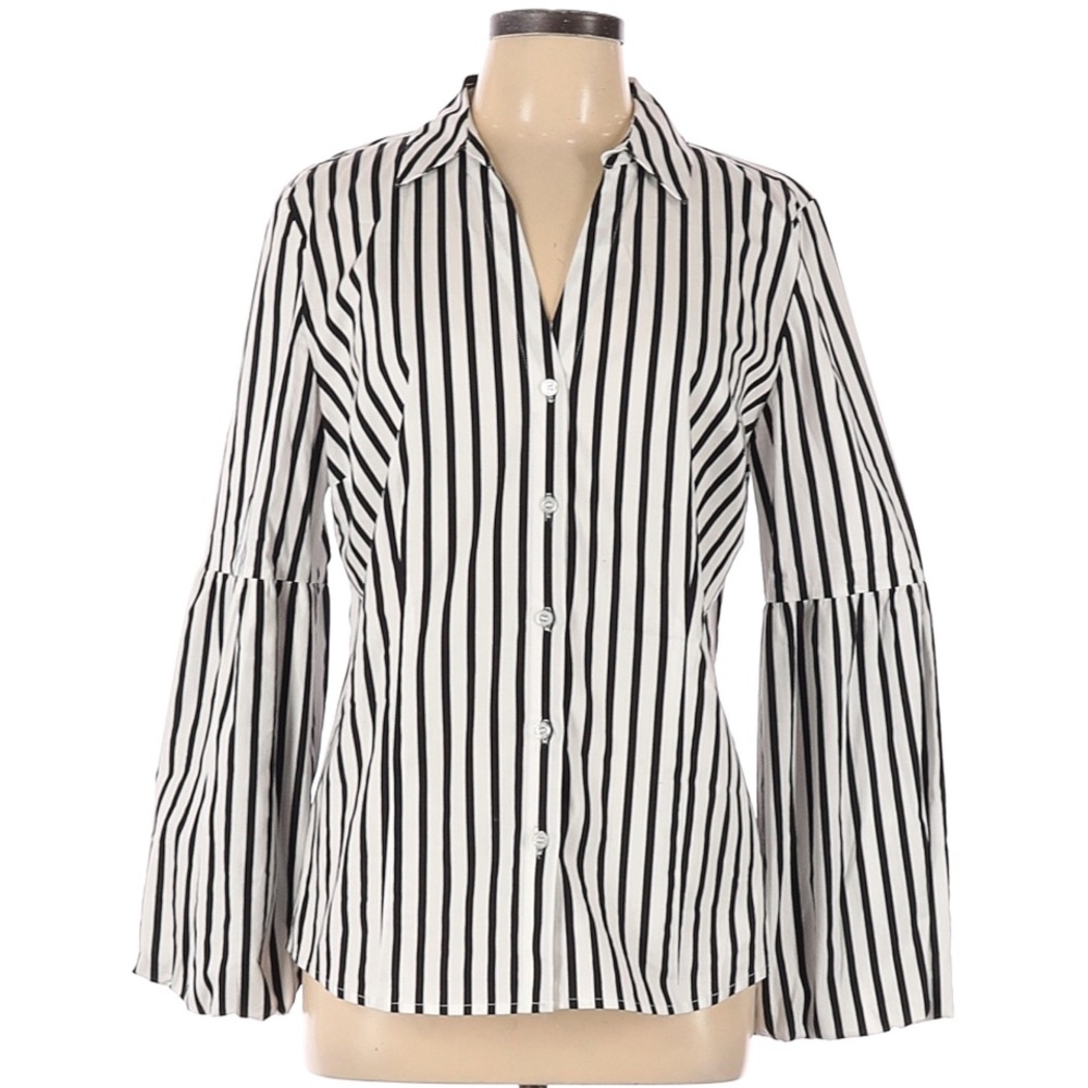 Black & White Striped Button-Front Bell Sleeve Top